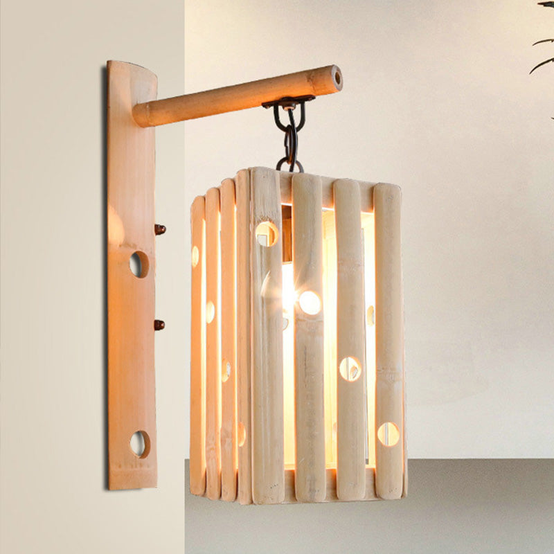 Single Head Asian Style Wood Wall Sconce With Hollow Design - Beige Living Room Lamp