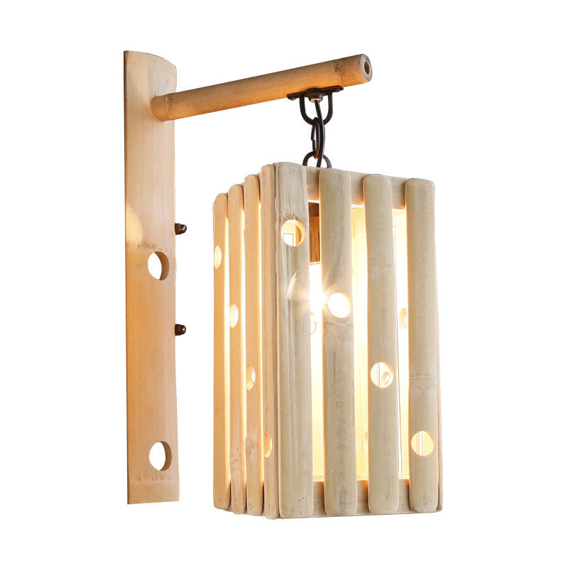Single Head Asian Style Wood Wall Sconce With Hollow Design - Beige Living Room Lamp