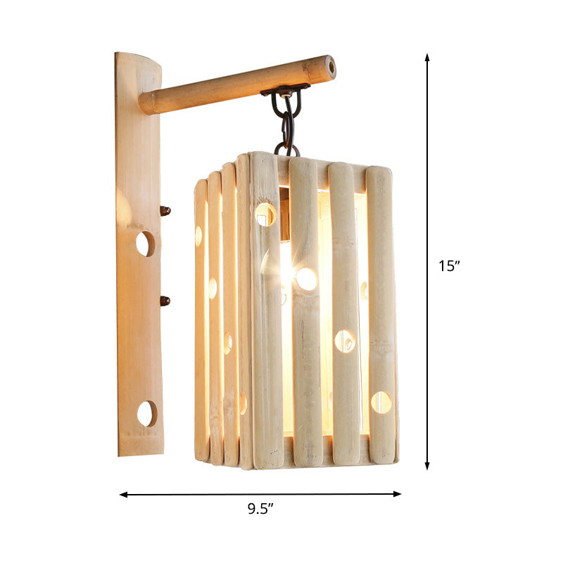 Single Head Asian Style Wood Wall Sconce With Hollow Design - Beige Living Room Lamp