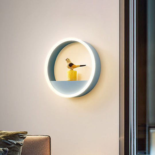 Iron Hoop Flush Mount Wall Light: Macaron Pink/Blue 12/16 Wide Led Sconce With Storage Rack