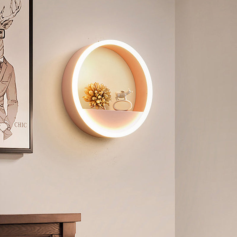 Iron Hoop Flush Mount Wall Light: Macaron Pink/Blue 12/16 Wide Led Sconce With Storage Rack