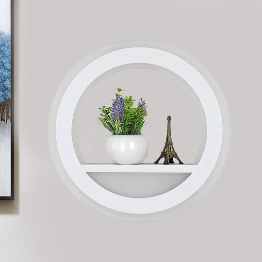 Nordic White Led Acrylic Halo Ring Wall Sconce Light Fixture With Shelf Design