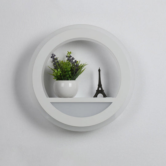 Nordic White Led Acrylic Halo Ring Wall Sconce Light Fixture With Shelf Design