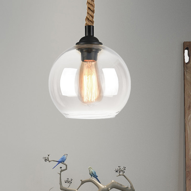 Industrial Amber/Clear Glass Ball Pendant Lamp For Restaurant Ceiling With Rope Rod