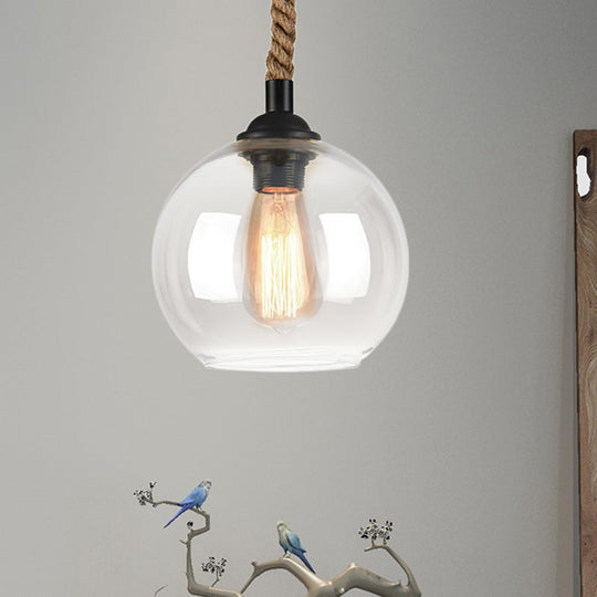 Industrial Amber/Clear Glass Ball Pendant Lamp For Restaurant Ceiling With Rope Rod