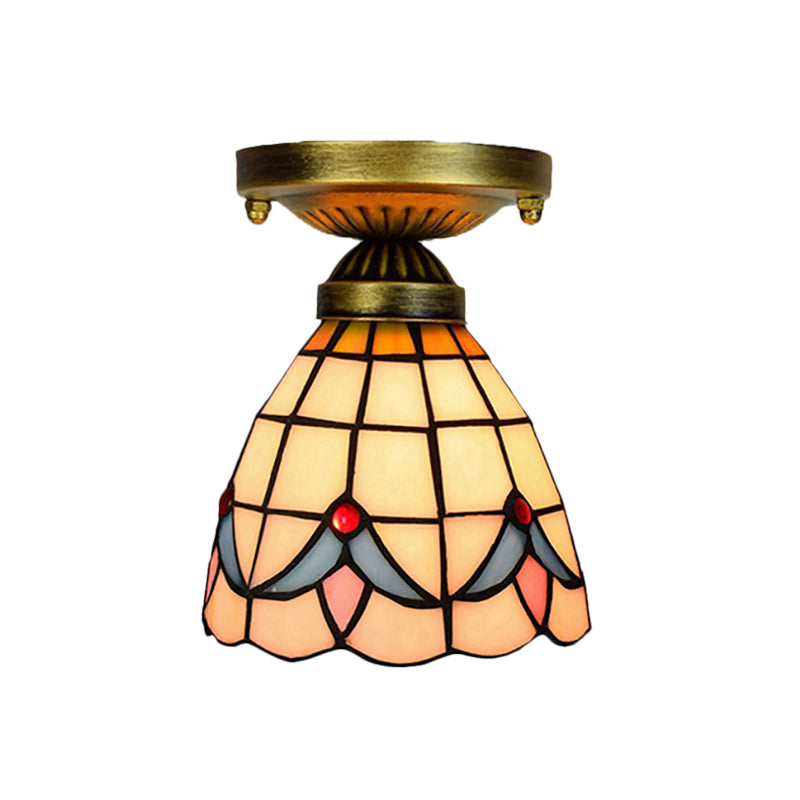 Tiffany Art Glass Dome Ceiling Light - White 6’/7’ Width Flush Mount For Hallway