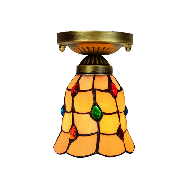 Tiffany Traditional Bell Ceiling Light With Jewelry Shell - Yellow Flush Mount For Hotels