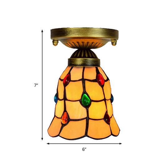 Tiffany Traditional Bell Ceiling Light With Jewelry Shell - Yellow Flush Mount For Hotels