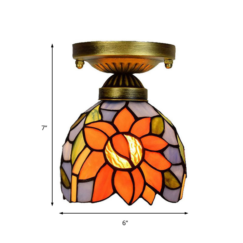 Rustic Orange Sunflower Stained Glass Flush Ceiling Light - 6-Inch 1 Head Ideal For Corridor
