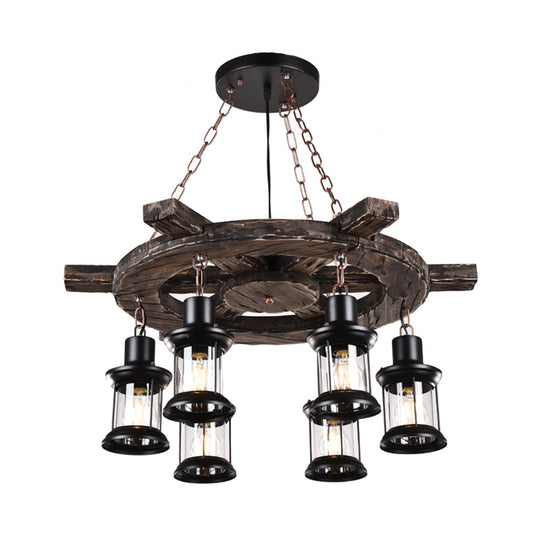 Clear Glass Drop Pendant Chandelier With Wood Rudder Deco - 6-Light Factory Black/Gray Kerosene