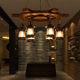 Clear Glass Drop Pendant Chandelier With 6 Lights: Factory Black/Gray Kerosene Design And Wood