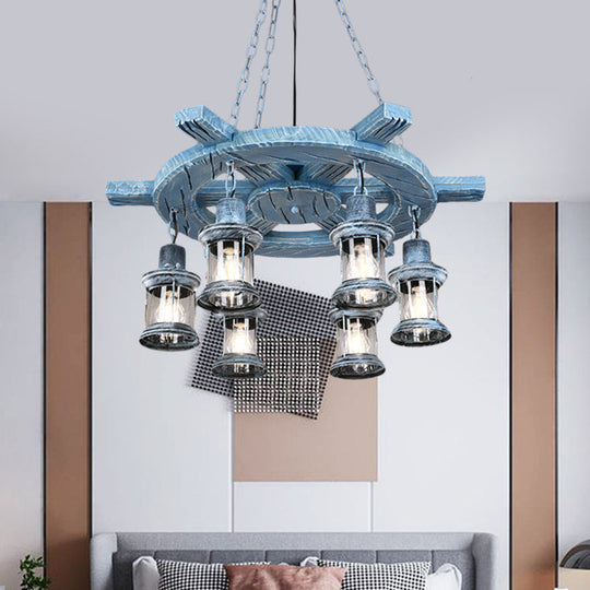 Clear Glass Drop Pendant Chandelier With Wood Rudder Deco - 6-Light Factory Black/Gray Kerosene
