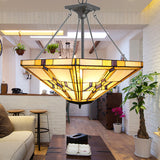 Tiffany Vintage Pyramid Chandelier With Stained Glass - 19.5/27.5 Wide Beige Inverted Pendant Light