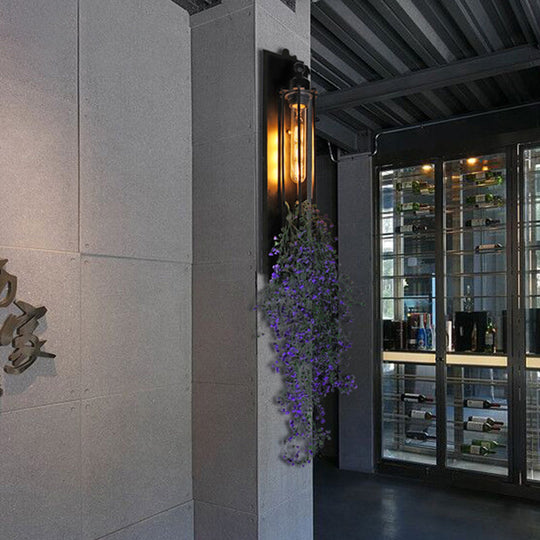 Farm Iron Tubular Cage Wall Light With 1-Head And Colorful Artificial Flower Accents