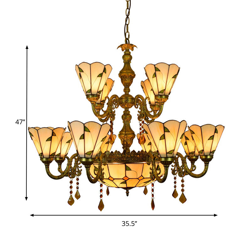 Tiffany Style Agate Leaf Chandelier In Antique Art Glass - 7/9/13 Lights Beige Ideal For Hotels