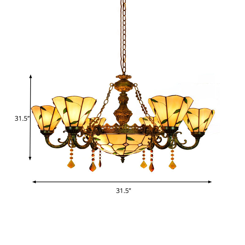 Tiffany Style Agate Leaf Chandelier In Antique Art Glass - 7/9/13 Lights Beige Ideal For Hotels