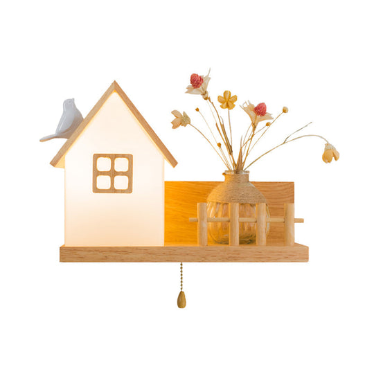 Nordic Milky Glass Wall Sconce With Wood Spiral/Cylinder Design - Mounted Light Fixture