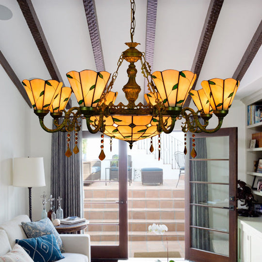 Tiffany Style Agate Leaf Chandelier In Antique Art Glass - 7/9/13 Lights Beige Ideal For Hotels 9 /