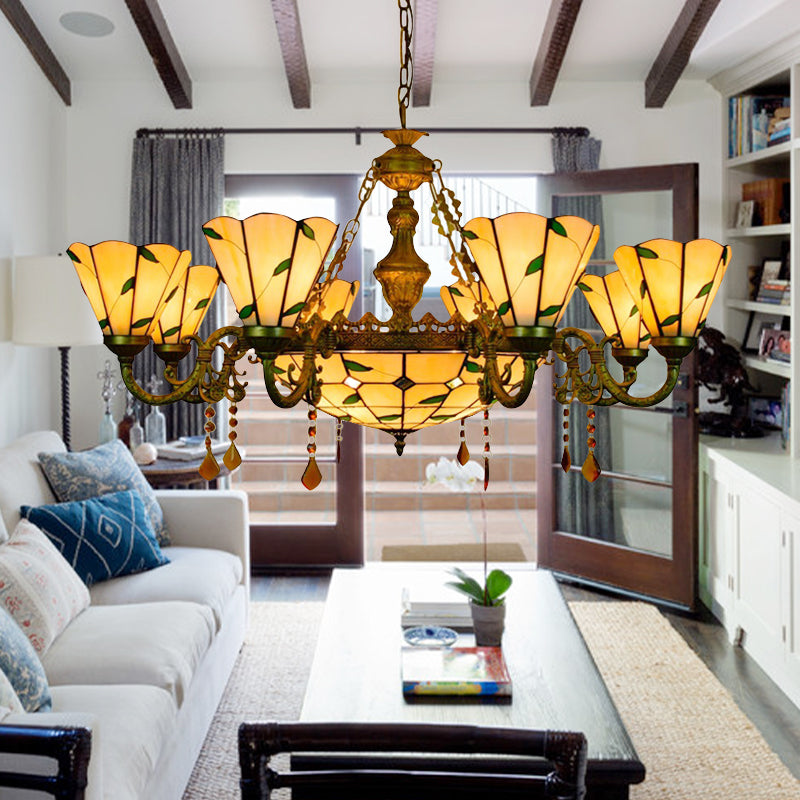 Tiffany Style Agate Leaf Chandelier In Antique Art Glass - 7/9/13 Lights Beige Ideal For Hotels