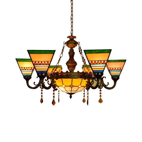 Vintage Agate Stained Glass Chandelier: Craftsman Living Room Hanging Light In Orange-Green