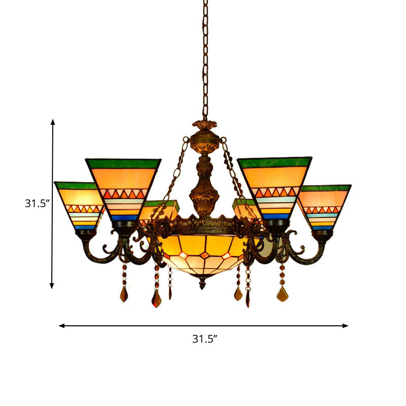 Vintage Craftsman Chandelier With Agate Stained Glass And Tiffany Style In Orange-Green For Living