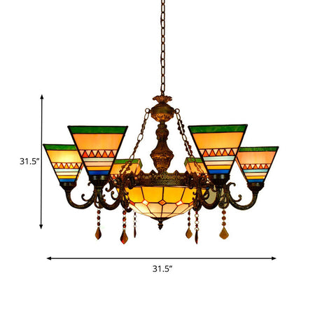 Vintage Agate Stained Glass Chandelier: Craftsman Living Room Hanging Light In Orange-Green
