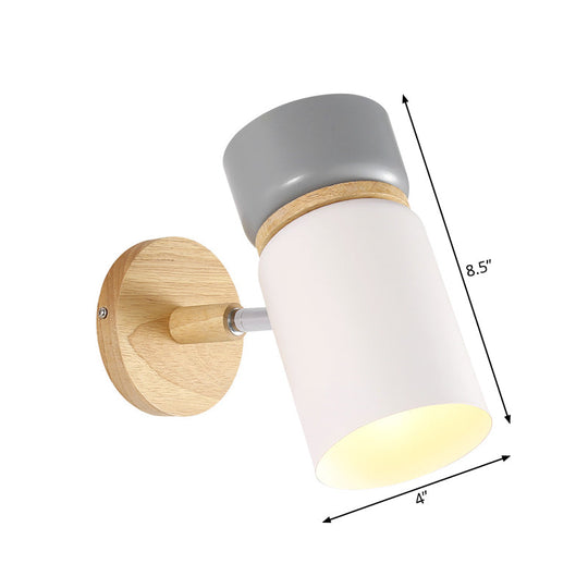 Modern Grey-White Nordic Iron Wall Lamp With Wood Accent - Rotating Cylindrical Sconce