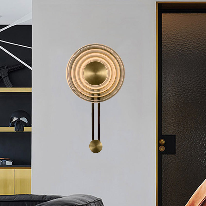 Vintage Rippled Glass Oriental Gong Bell Flush Wall Sconce Antiqued Gold Lounge Fixture