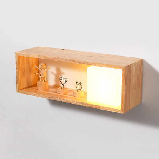 Nordic Wood Wall Sconce With Rack Feature - Fillet/Right Angle Rectangle Design For Bedside Flush