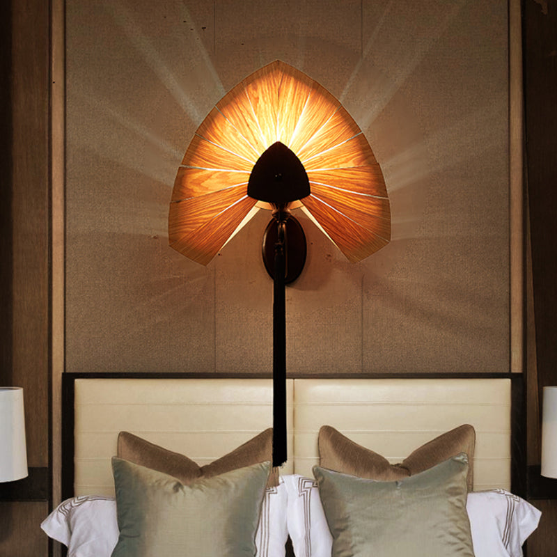 Cherry Wood Sconce Light: East Asian 1-Light Beige Wall Mount Lamp With Black Tassel Fringe