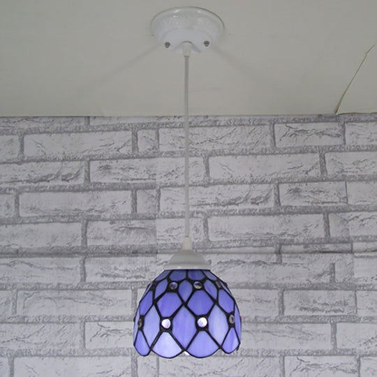 Tiffany Cut Glass Hanging Light Fixture For Bedroom - Beige/Light Blue/Dark Blue Dark