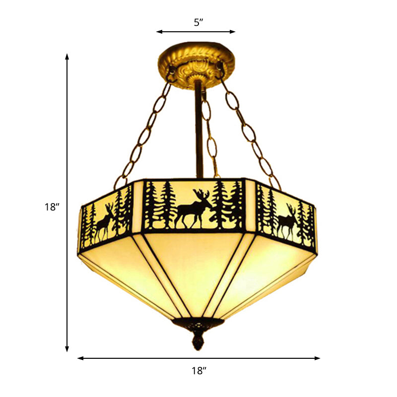Rustic American Forest Deer Glass Ceiling Lamp - 11’/18’/22’ Wide Semi Flush Mount Light In Beige