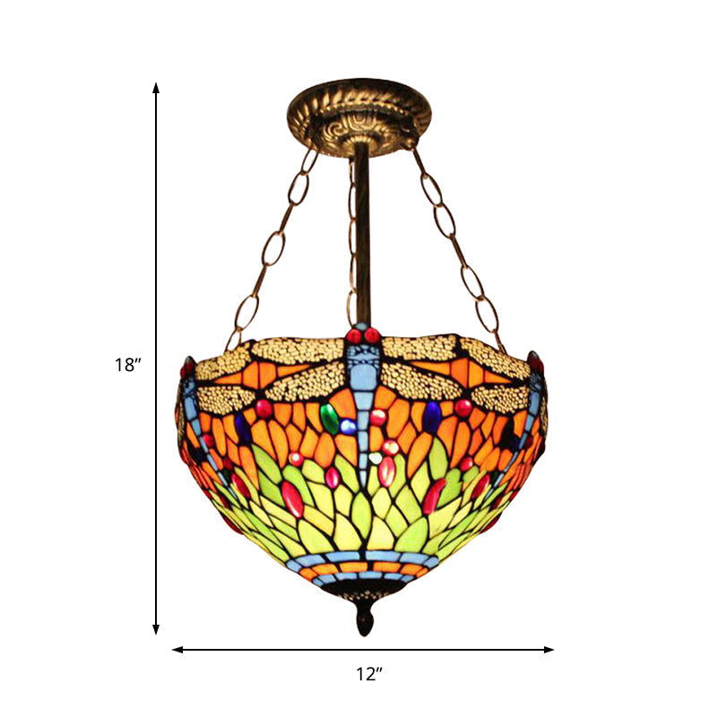 Dragonfly Stained Glass Ceiling Light - Rustic Tiffany Inverted Semi Flush Lamp (12’/16’ Wide