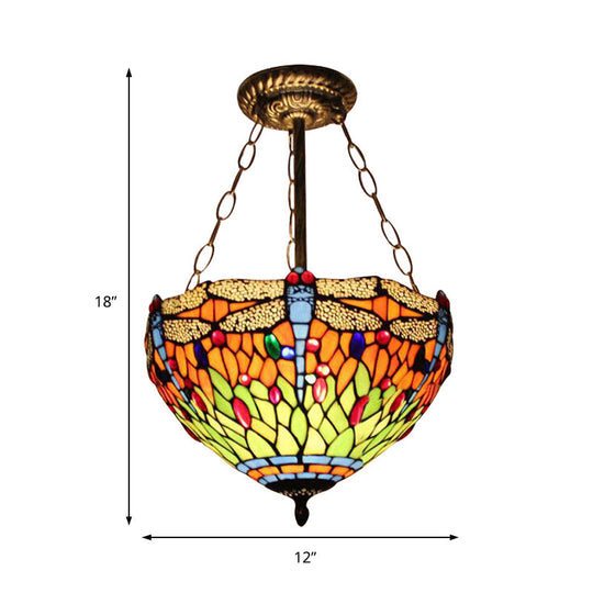 Dragonfly Stained Glass Ceiling Light - Rustic Tiffany Inverted Semi Flush Lamp (12’/16’ Wide