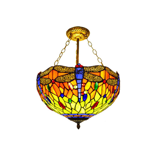 Dragonfly Stained Glass Ceiling Light - Rustic Tiffany Inverted Semi Flush Lamp (12’/16’ Wide