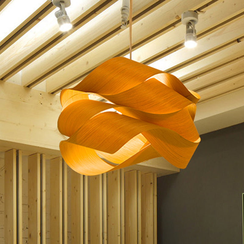 Contemporary Wooden Pendant Lamp - 1 Light Beige 18’/23.5’ Width Living Room Hanging