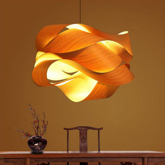 Contemporary Wooden Pendant Lamp With Twist Design - 1 Light Beige Hanging For Living Room 18/23.5
