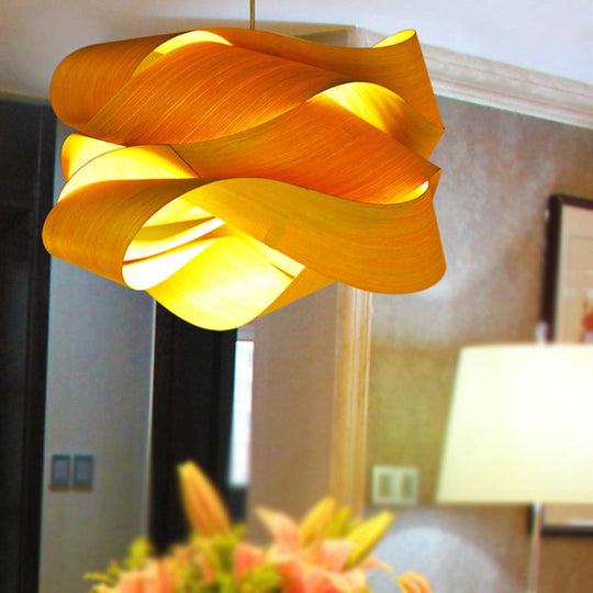 Contemporary Wooden Pendant Lamp - 1 Light Beige 18’/23.5’ Width Living Room Hanging