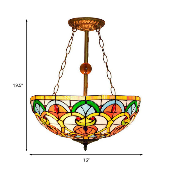 Tiffany Baroque Bowl Stained Glass Ceiling Light - Green/Red Semi Flush Mount For Villas