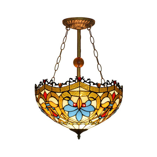 Victorian Tiffany Glass Bowl Ceiling Light - Yellow Semi Flush Lamp For Restaurants
