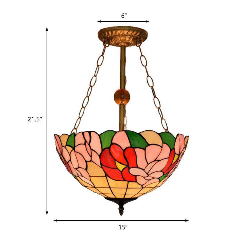 Blossom Tiffany Antique Stained Glass Ceiling Fixture - Inverted Semi Flush Mount Light With
