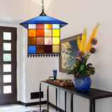 Tiffany Style Blue Glass House Pendant Light Fixture - 1-Light Hanging Lamp With Stylish Stainless