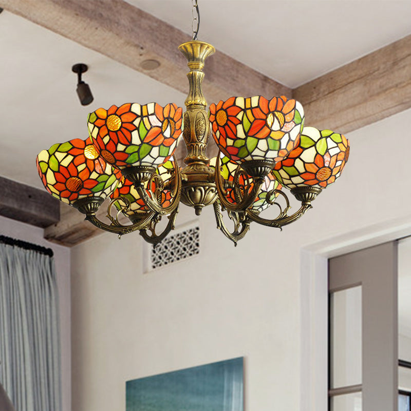 Sunflower Stained Glass Rustic Tiffany Chandelier - 3/5/6 Light Kitchen Hanging With Inverted