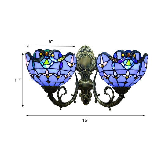 Victorian Style Stained Glass Bowl Wall Lighting - Antique Bronze 2-Head Indoor Mount Light