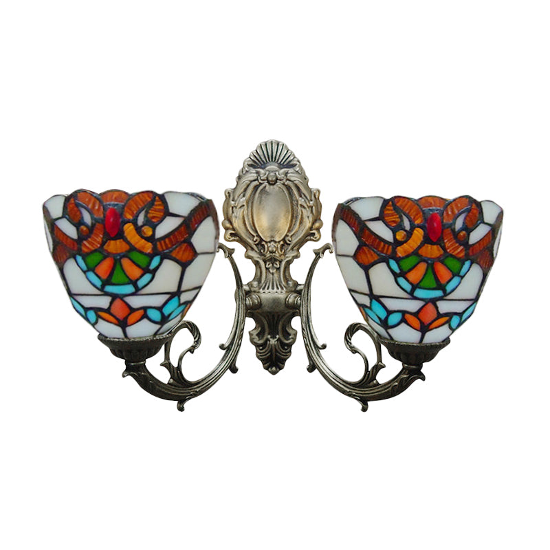 Baroque Stained Glass Wall Sconce With Curved Arm - Aged Brass Finish