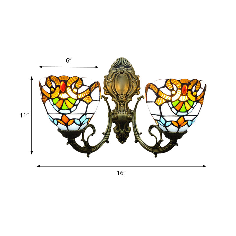 Baroque Stained Glass Wall Sconce With Curved Arm - Aged Brass Finish