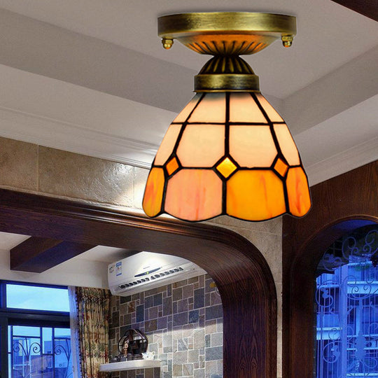 Orange Art Glass Ceiling Lamp - Tiffany Style Grid Bowl Mount For Bathroom 8’/6’ Width / 6’