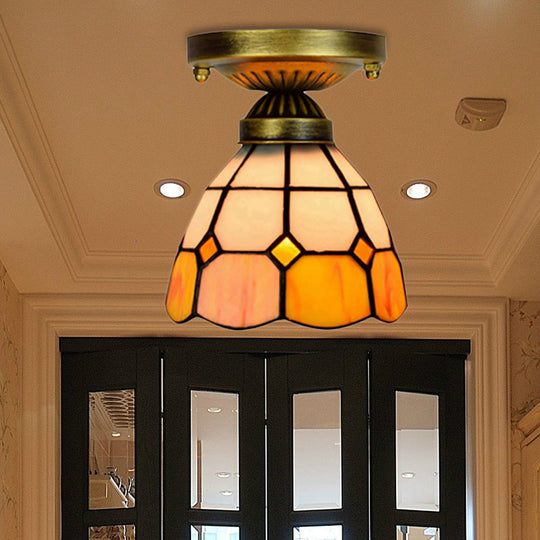 Orange Art Glass Ceiling Lamp - Tiffany Style Grid Bowl Mount For Bathroom 8’/6’ Width