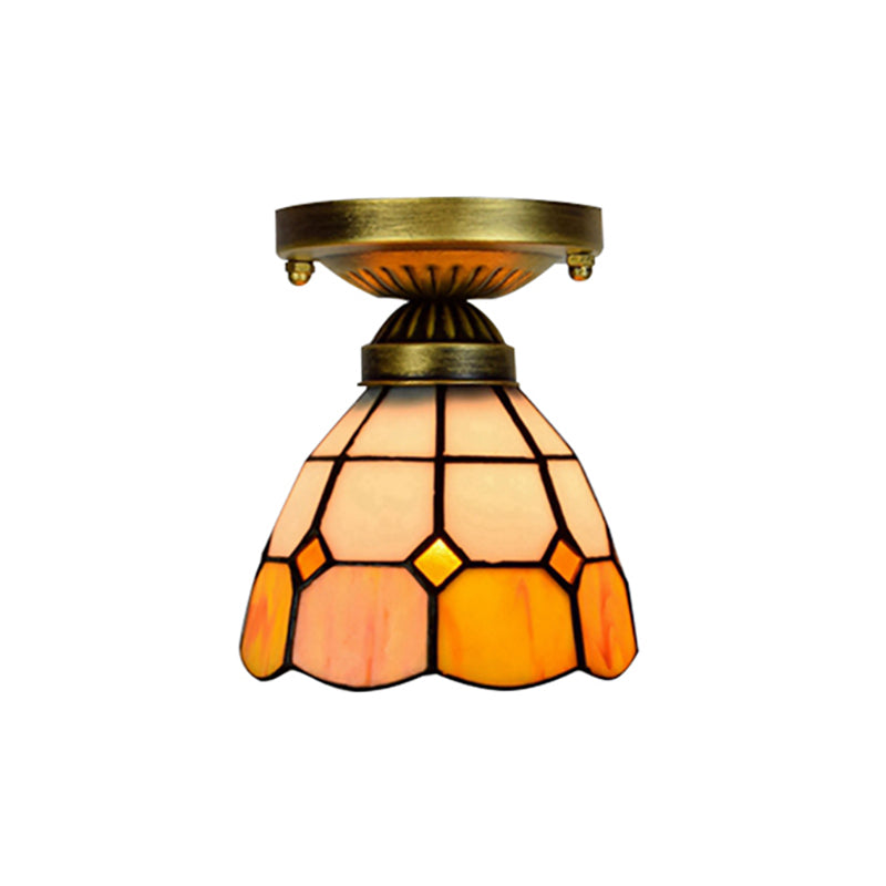 Orange Art Glass Ceiling Lamp - Tiffany Style Grid Bowl Mount For Bathroom 8’/6’ Width