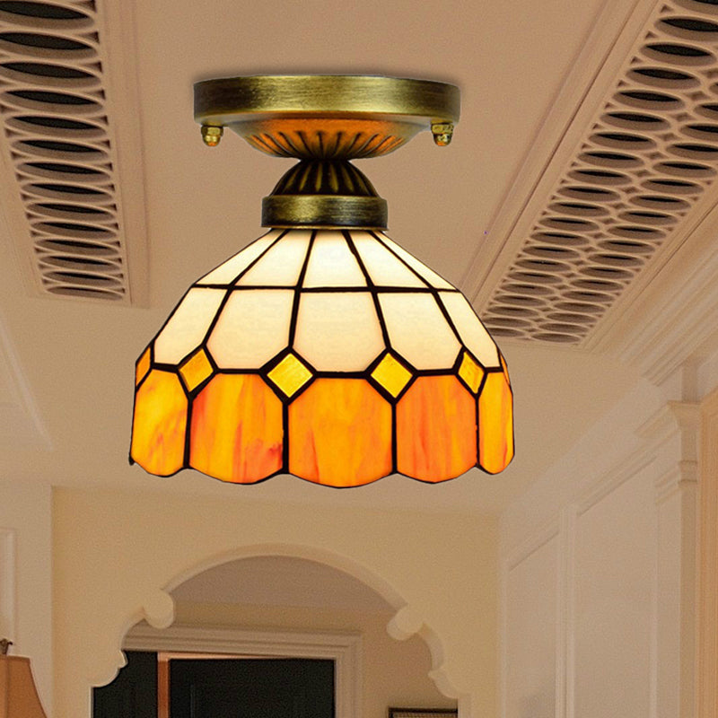 Orange Art Glass Ceiling Lamp - Tiffany Style Grid Bowl Mount For Bathroom 8’/6’ Width / 8’